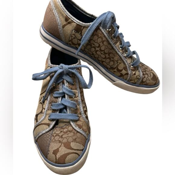 Coach Leather Womens 6M Brown/Tan Patchwork Sneakers with Blue Strings - Picture 2 of 9